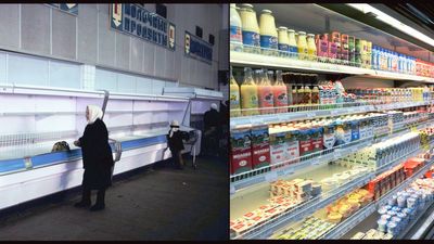 пустые полки в магазинах в 90-х годах и изобилие товаров сегодня